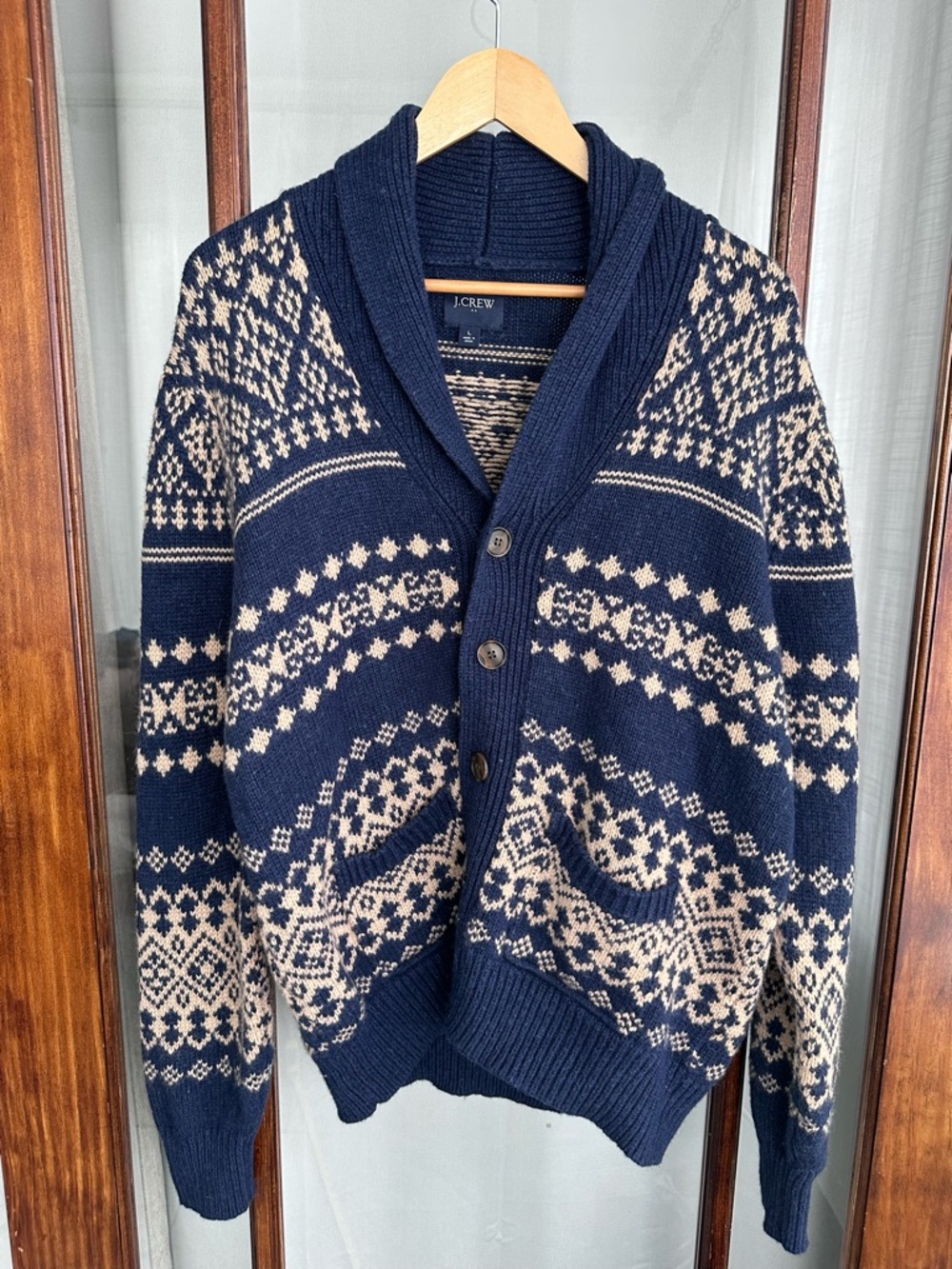 J. Crew Mens Shawl Collar Lambs Wool Blend Button Cardigan Sweater Size L Fisher